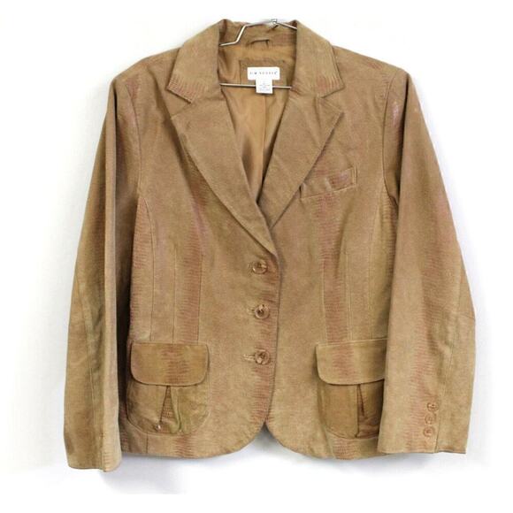 Women's L Kim Rogers Tan Suede Leather Jacket Snake Skin Blazer Coat Street - Picture 1 of 7